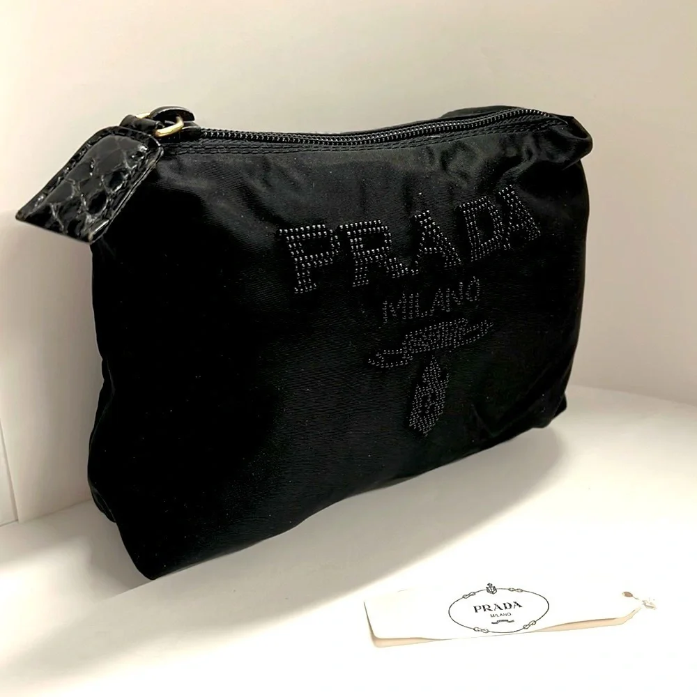 Prada Black Tessuto Nylon Beaded Clutch Zip Top Bag - New, Unused.